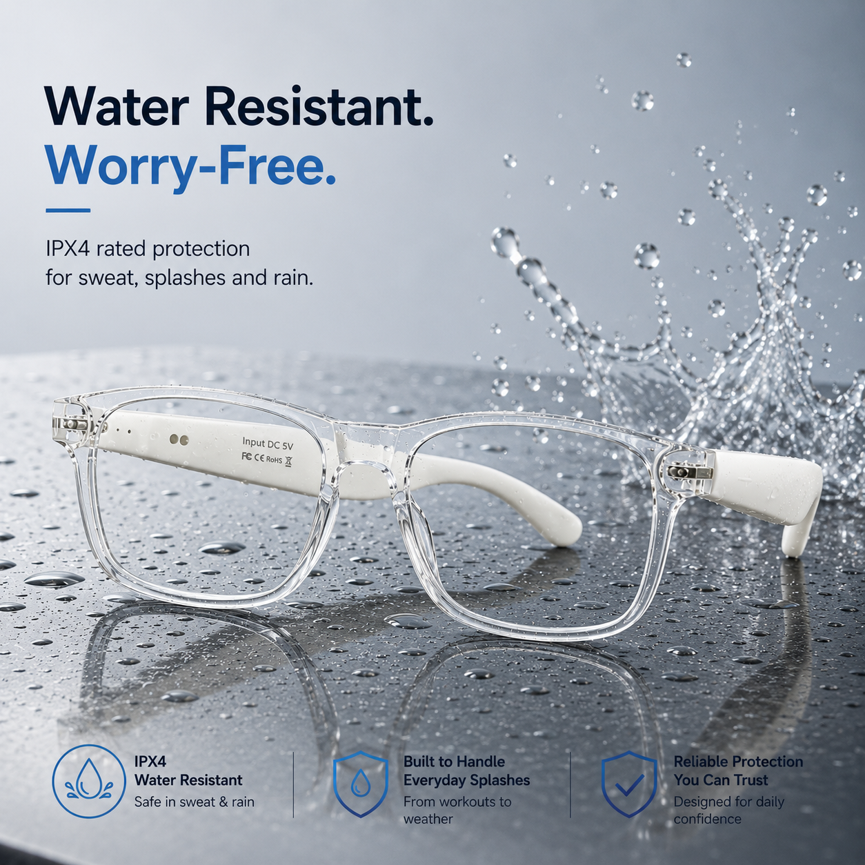 Dash S1 Wayfarer White matte temples, IPX4 water resistant