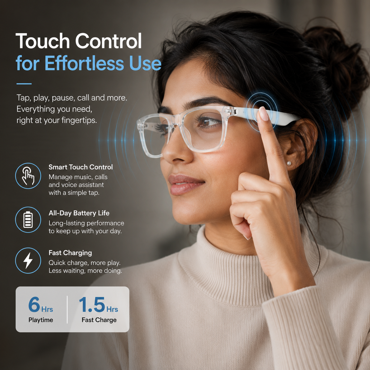Touch control on Dash S1 for music, calls and voice assistant