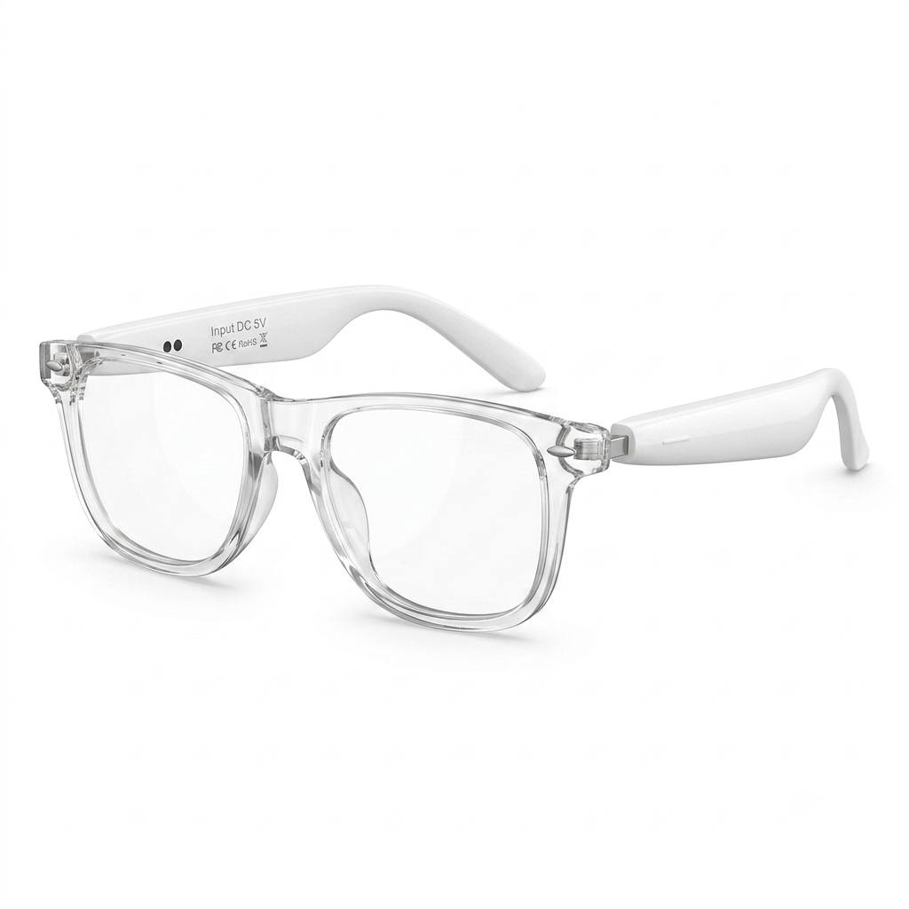 Dash S1 Wayfarer White audio glasses, glossy white temples, translucent clear front
