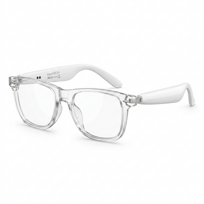 Dash S1 Wayfarer White audio glasses, glossy white temples, translucent clear front