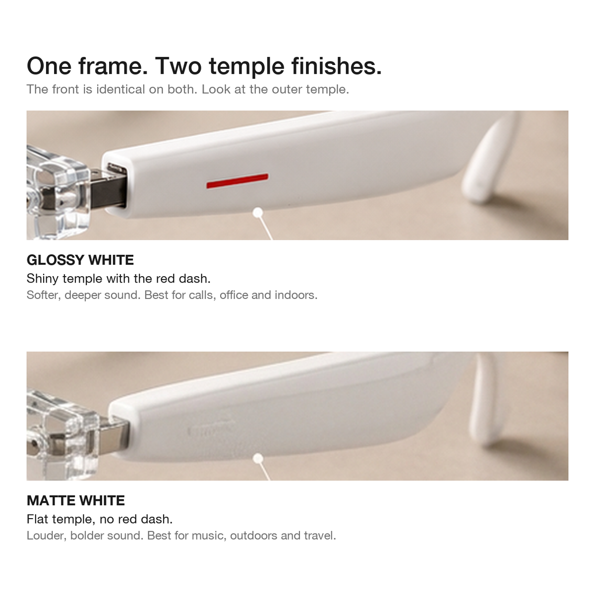 Dash S1 outer temple comparison: glossy white with the red dash versus matte white with no dash