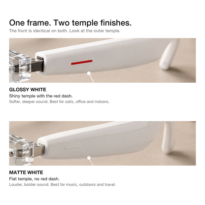 Dash S1 outer temple comparison: glossy white with the red dash versus matte white with no dash