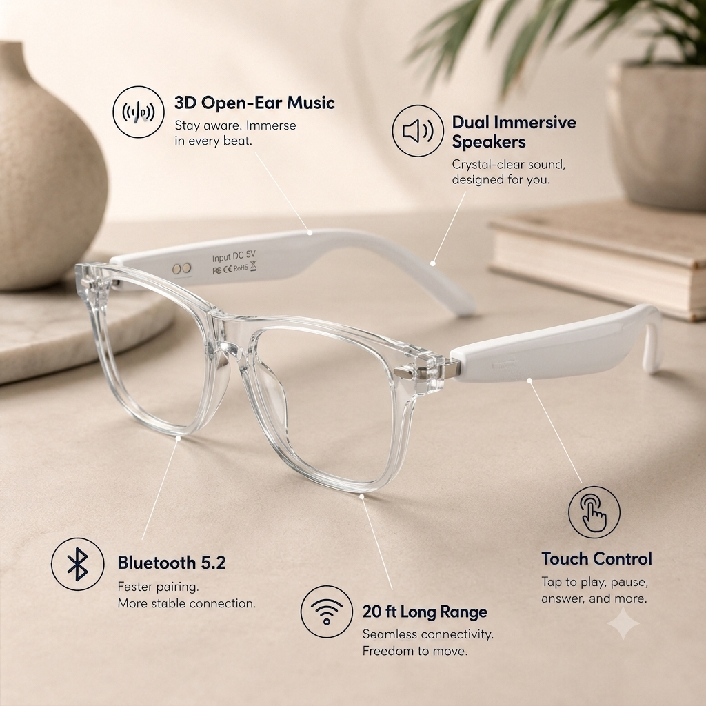 Dash S1 Matte White features: open-ear audio, dual speakers, Bluetooth 5.2, touch control